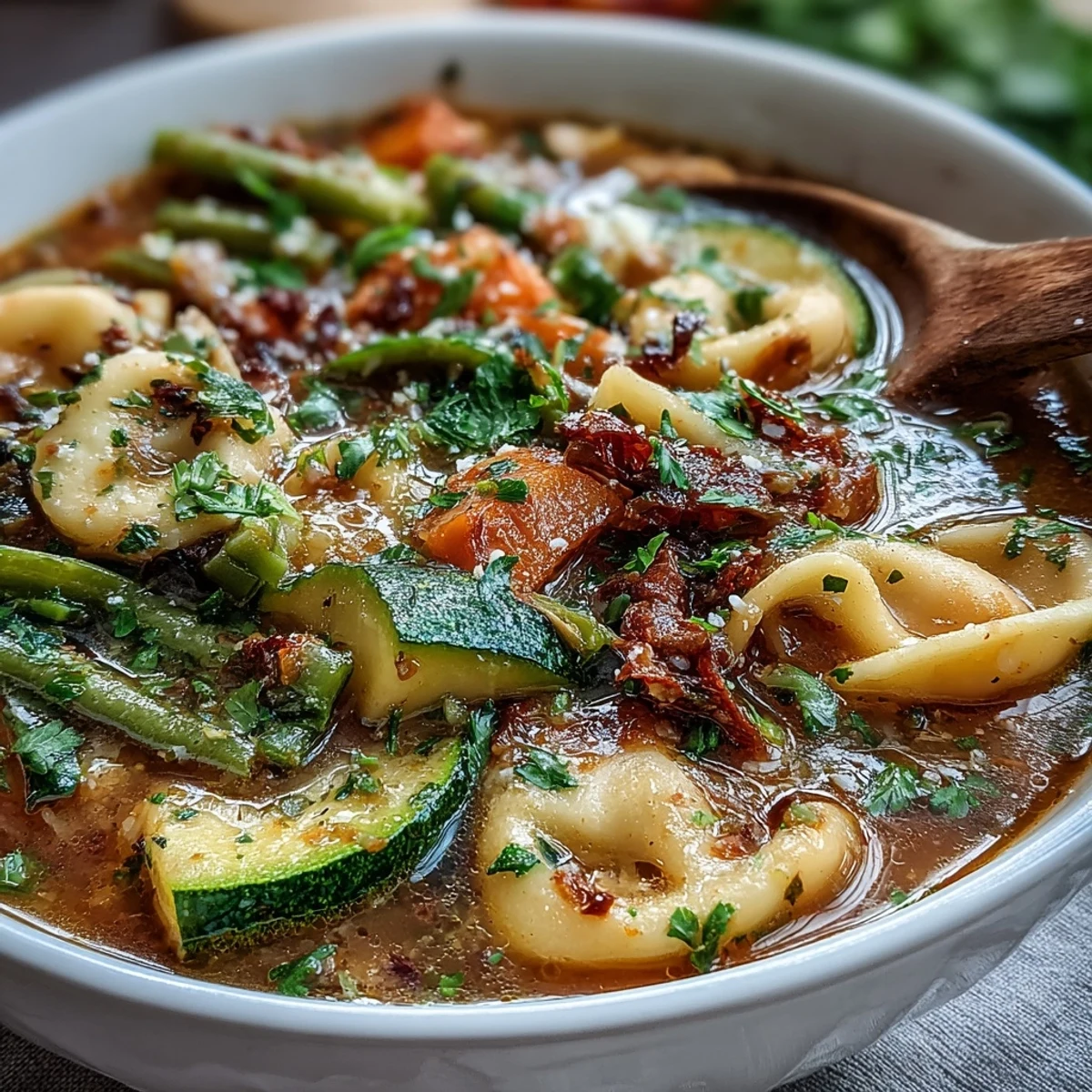 Close-up of Vegetable Minestrone soup, showcasing colorful diced carrots, zucchini, and cannellini beans in a rich, herb-infused tomato broth.