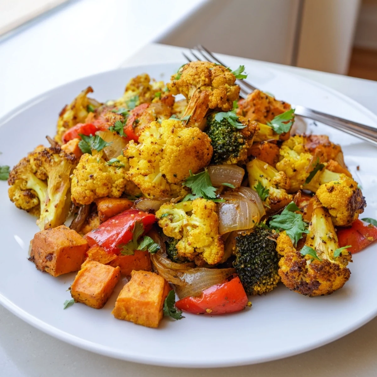 Golden-brown Anti-Inflammatory Turmeric Roasted Vegetables in a white bowl, garnished with fresh cilantro and a lemon wedge.