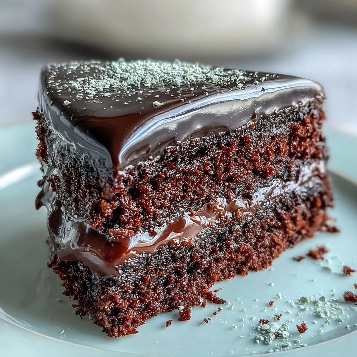 A slice of Easy Chocolate Fudge Cake with moist crumbs and silky-smooth icing, served on a white plate.