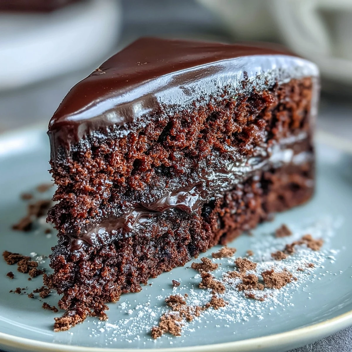 Homemade Easy Chocolate Fudge Cake with chocolate icing, cut to show dense interior, ideal for a teatime treat.