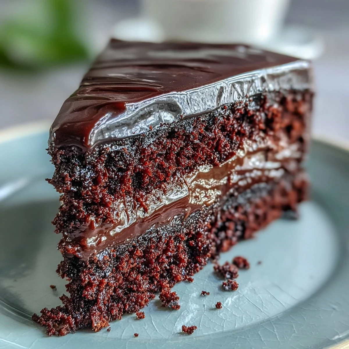 Two-layer Easy Chocolate Fudge Cake with glossy chocolate icing and a fork ready for a rich, squidgy bite.