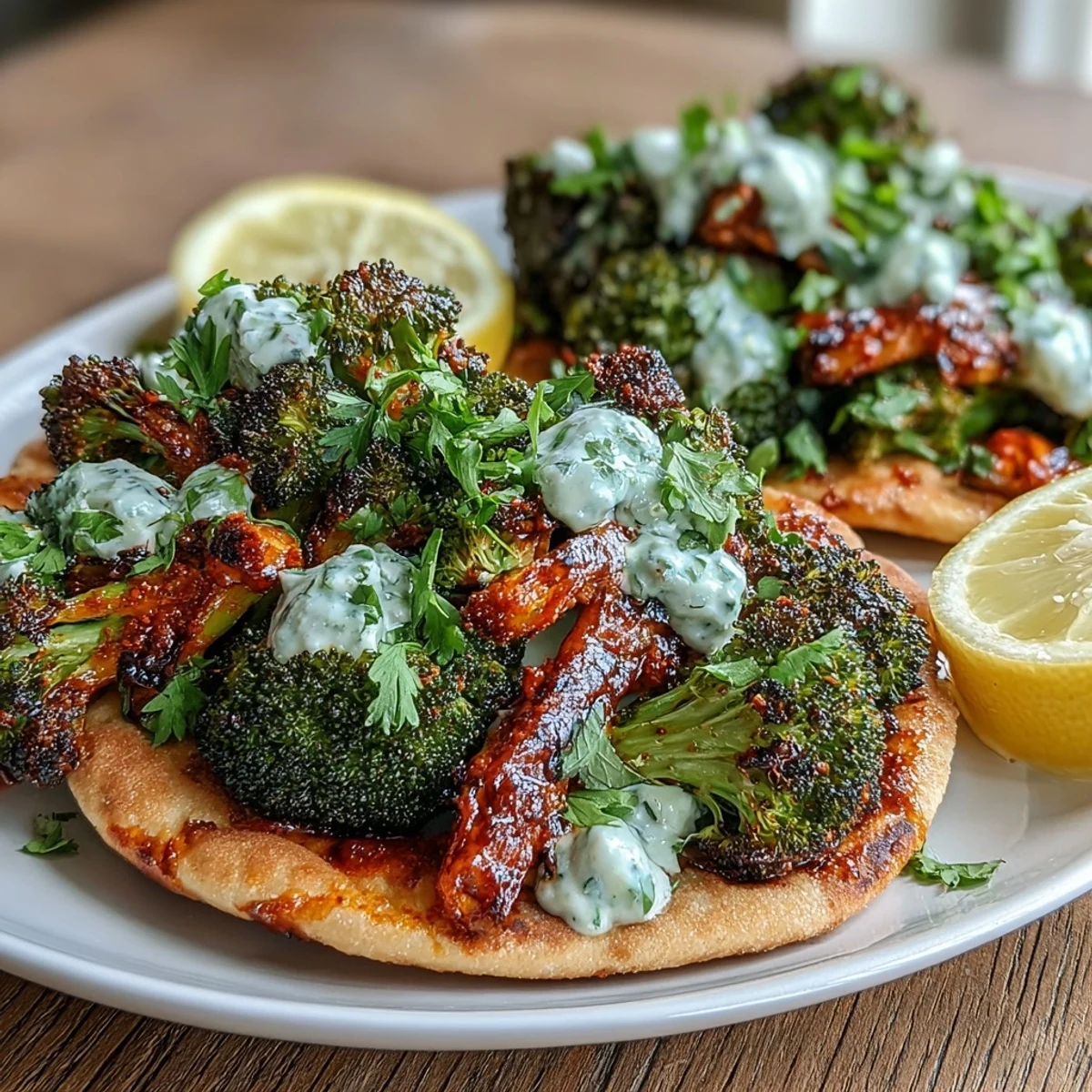 Sizzling Harissa Broccoli fresh from the oven, ready to be served on warm flatbreads.