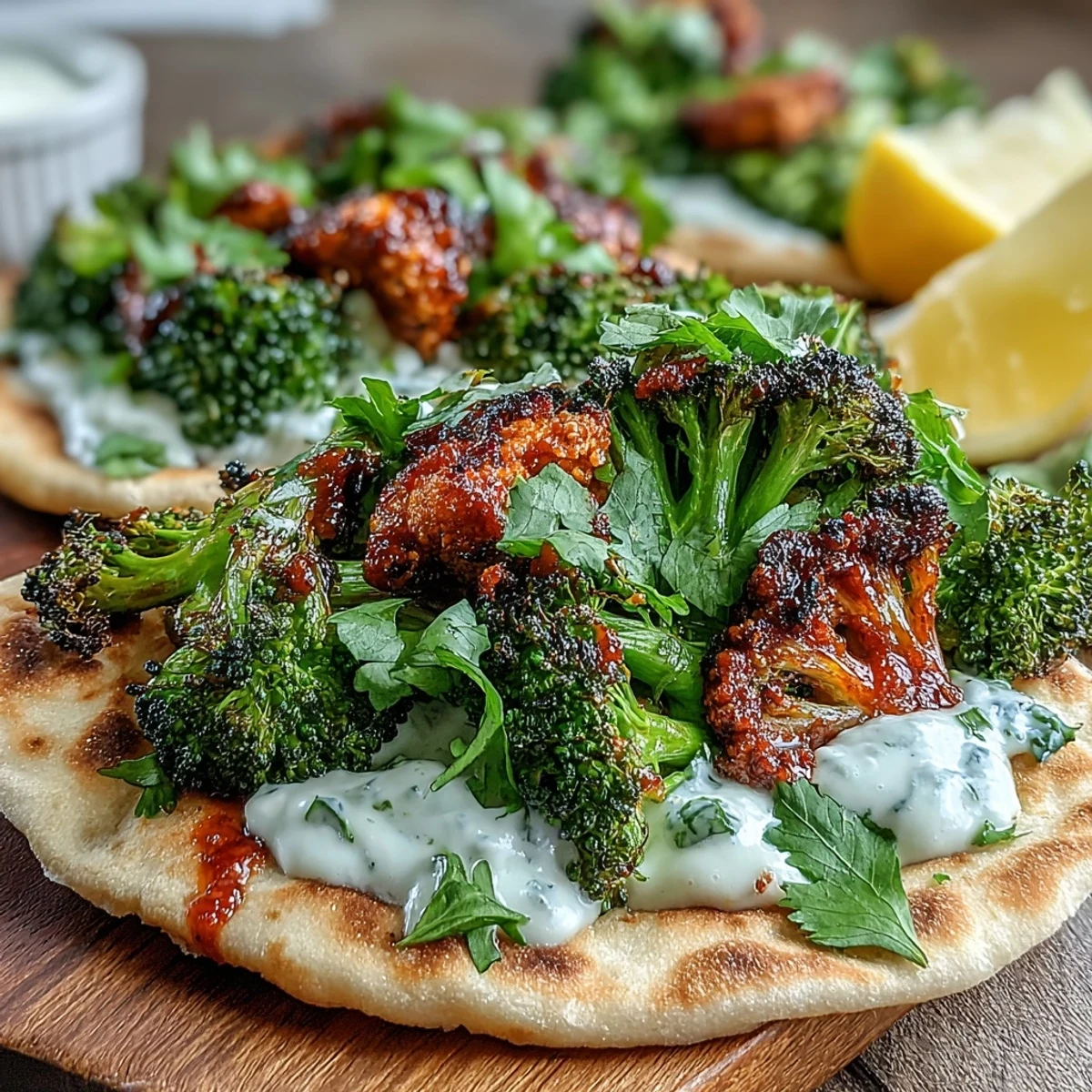 Spicy Harissa Broccoli and flatbreads garnished with lemon wedges and fresh cilantro sprigs.