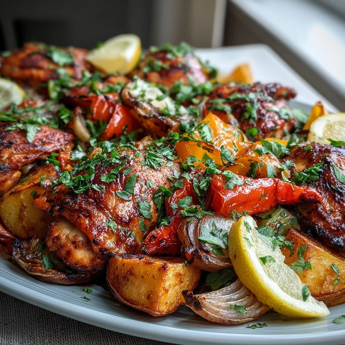 Crispy-skinned piri-piri chicken thighs roasted alongside golden sweet potato chunks and vibrant bell peppers on a sheet pan. The colorful Chicken and Sweet Potato Traybake is garnished with fresh herbs and lemon wedges, ready to serve.