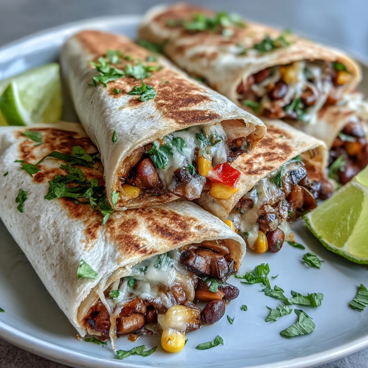 Freshly prepared Veggie Burritos stuffed with sautéed mushrooms, black beans, corn, and melted cheese on a plate.