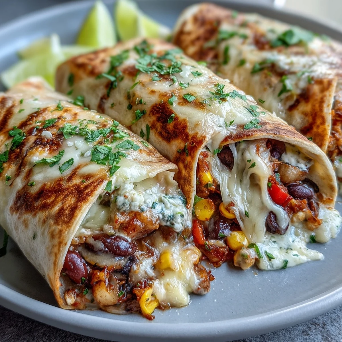 Warm Veggie Burritos topped with sour cream and cilantro, ready to be enjoyed as a hearty dinner.
