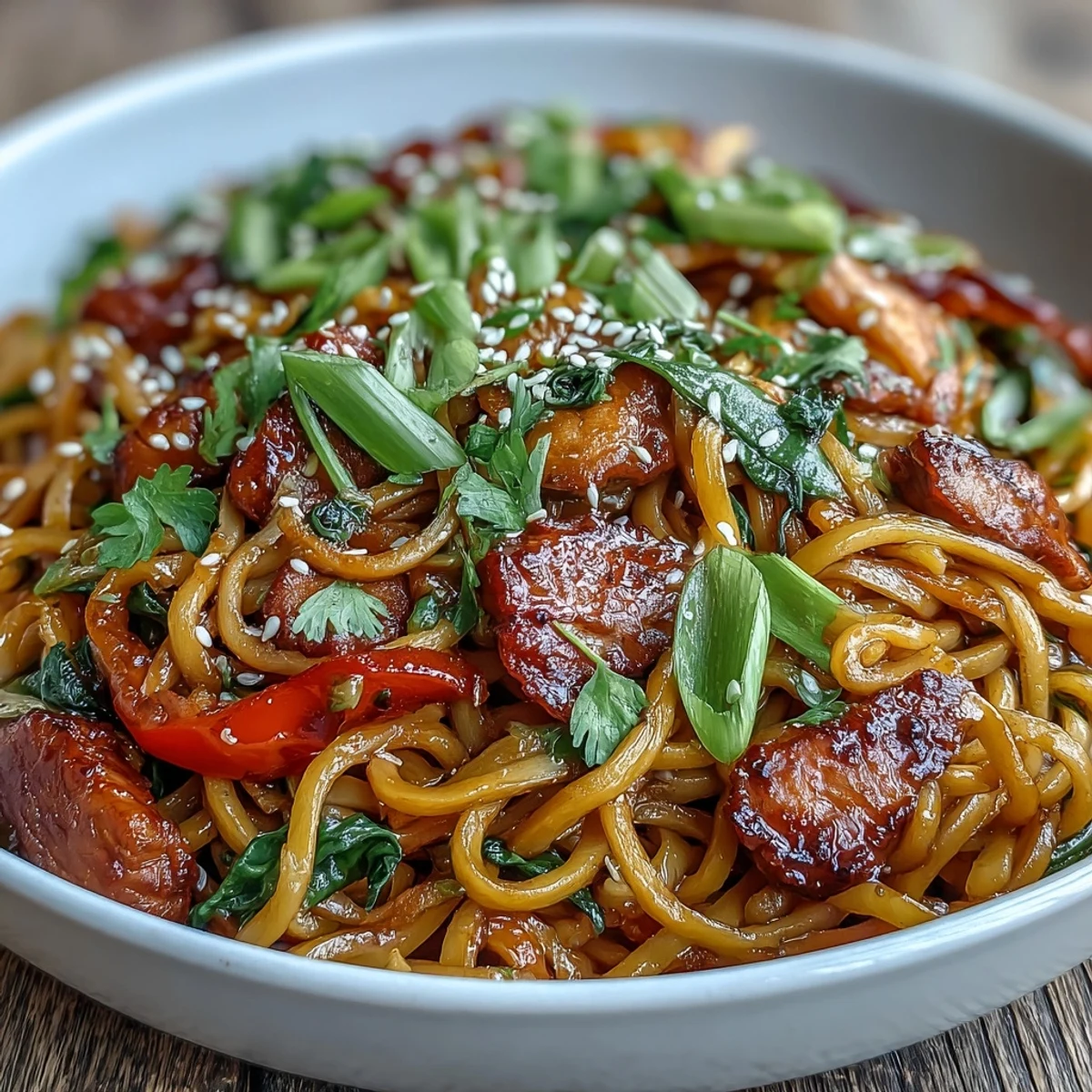 Hearty Pork Noodle Stir-Fry with colorful vegetables and noodles, steam rising, perfect for a quick weeknight family meal.