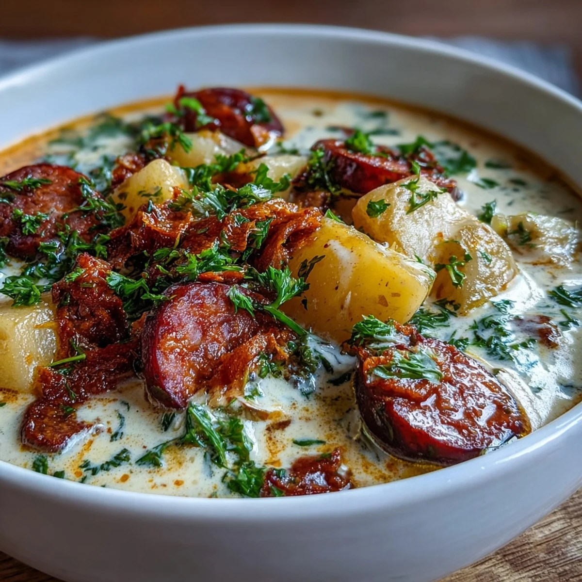 Steaming bowls of Potato, Leek and Chorizo Soup topped with parsley, served with crusty bread on the side.
