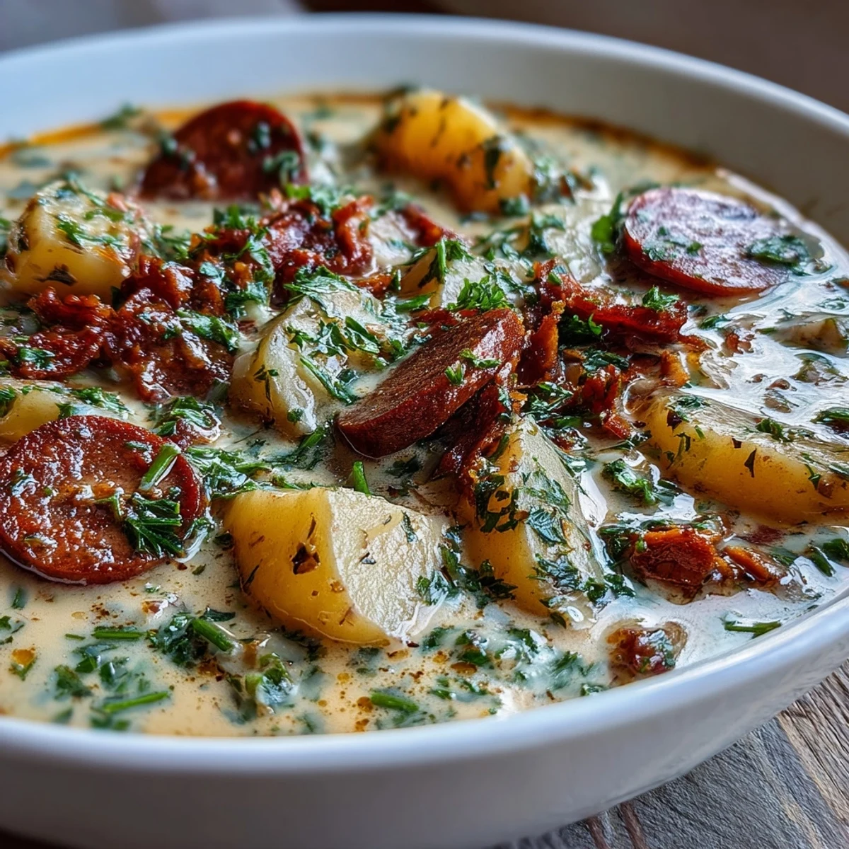 Rustic pot of Potato, Leek and Chorizo Soup featuring creamy potatoes, sweet leeks, and smoky chorizo slices.