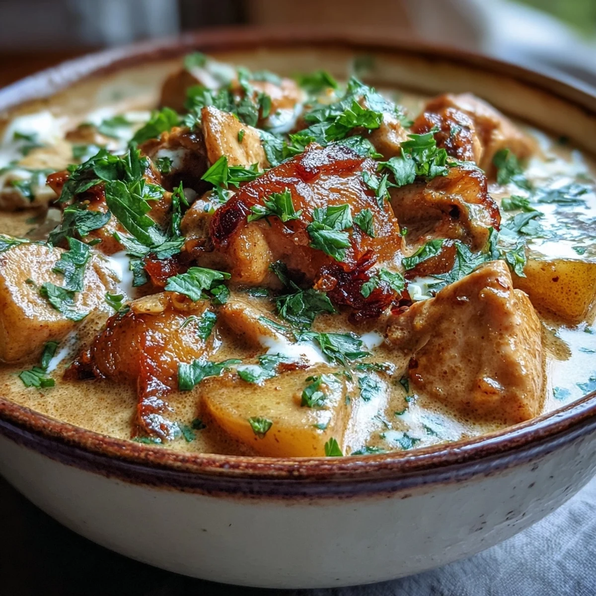 Fragrant Easy Chicken Curry in a skillet, featuring vibrant spices and a swirl of heavy cream for a velvety finish.