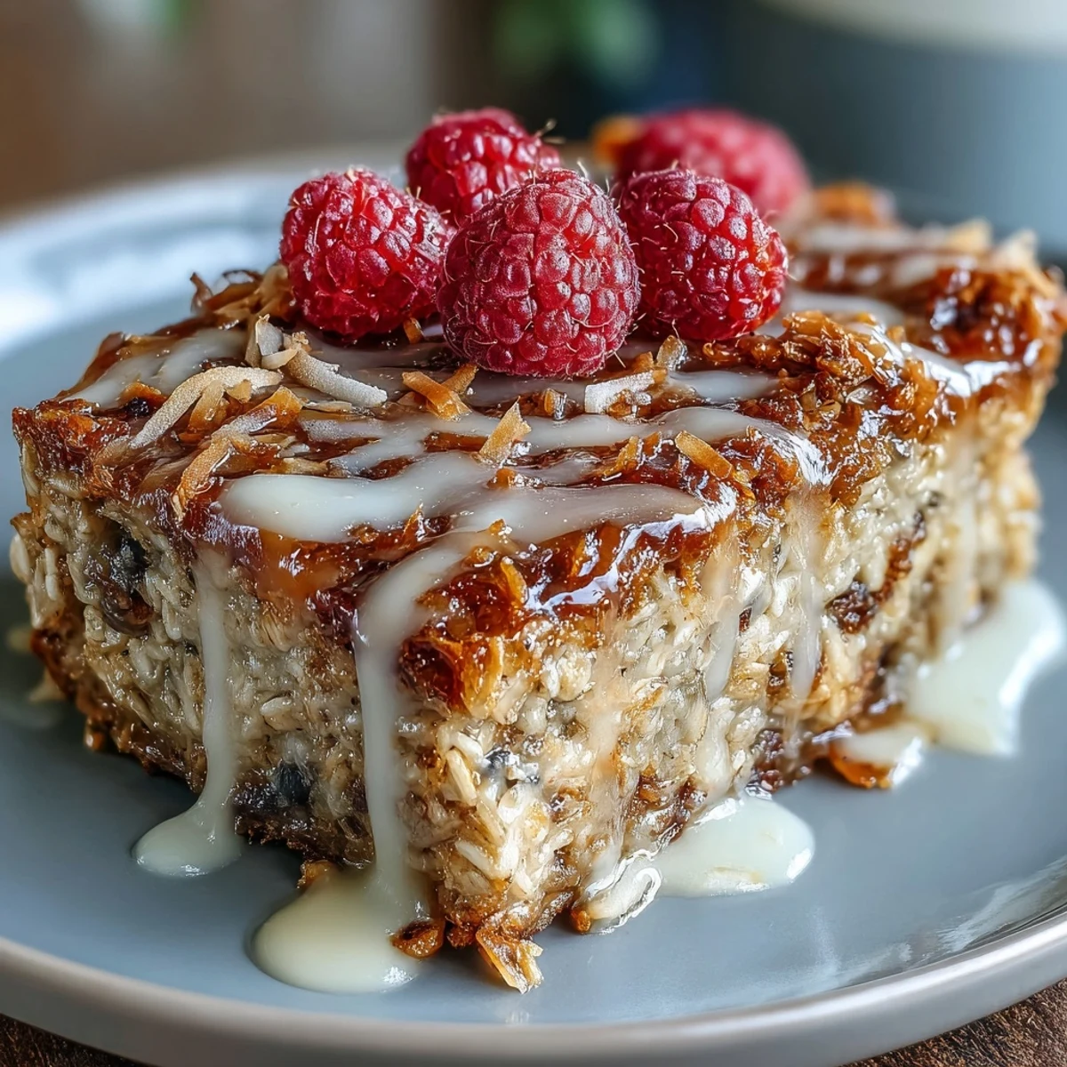 Golden squares of Baked Oatmeal with Raspberry and Coconut topped with fresh berries.