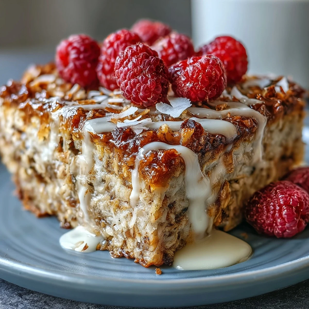 A slice of Baked Oatmeal with Raspberry and Coconut drizzled with maple syrup.