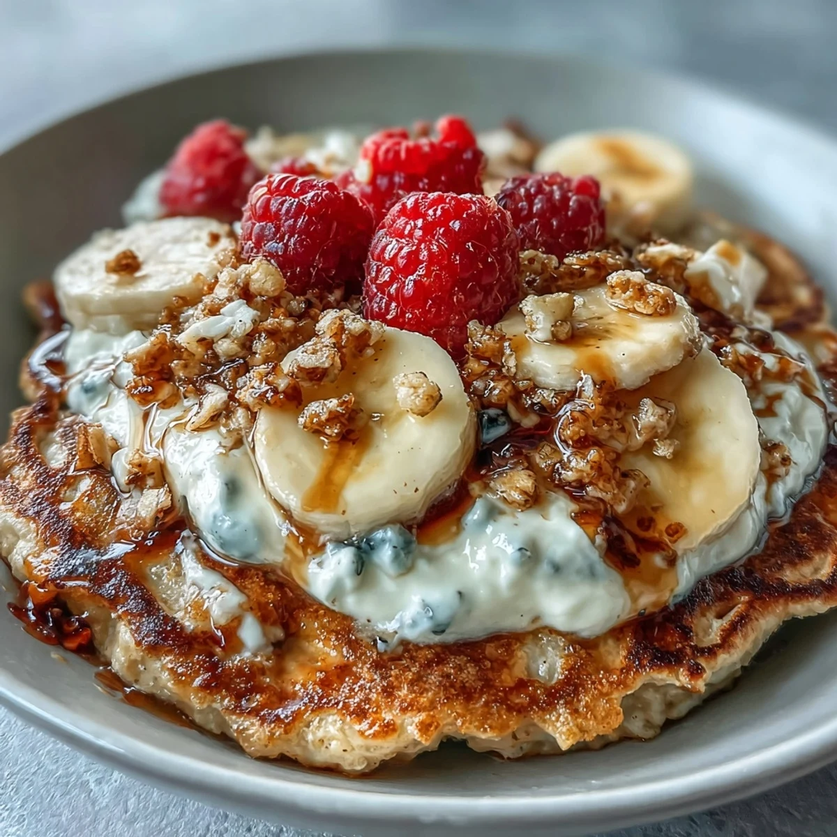 Warm Protein Pancake Bowl with Greek yogurt, sliced banana, fresh berries, and honey drizzle