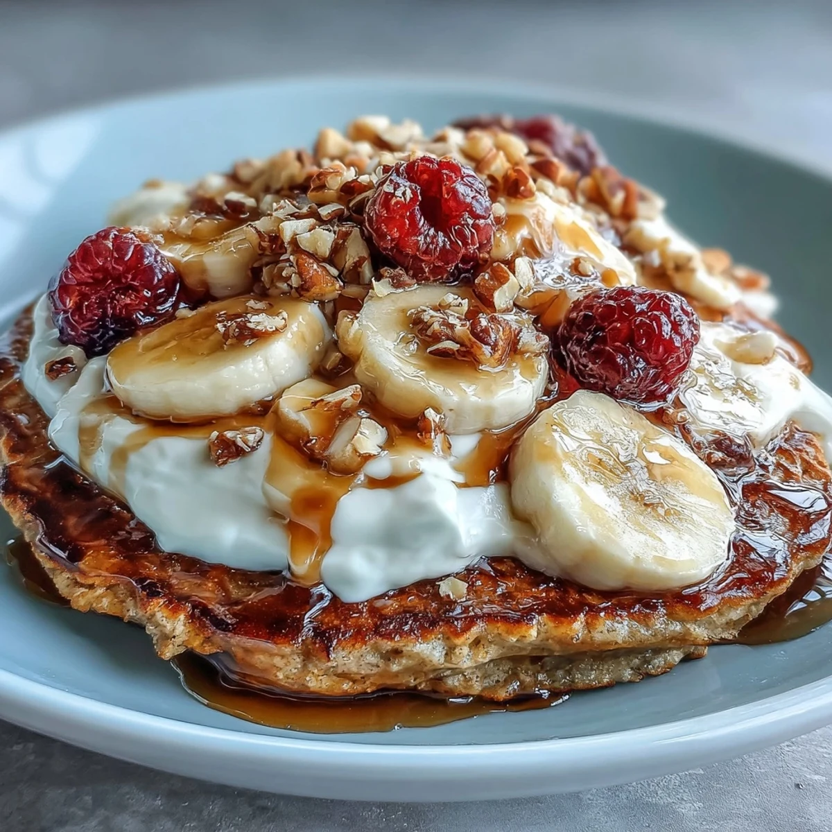 Close-up of a hearty Protein Pancake Bowl topped with creamy yogurt, berries, and crunchy granola