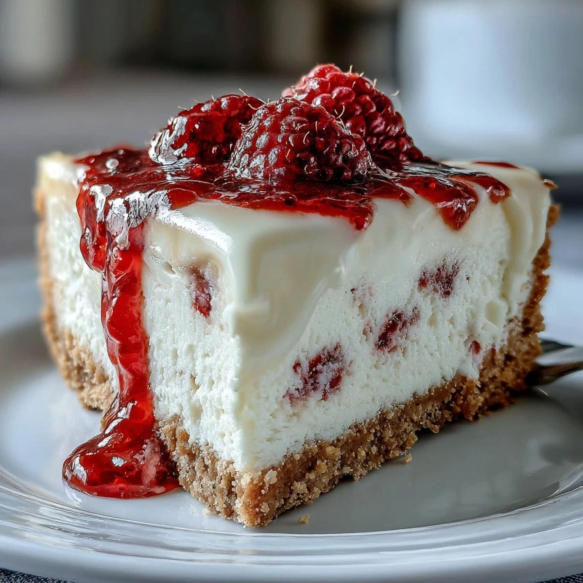 Creamy white chocolate raspberry cheesecake with a buttery graham cracker crust, garnished with fresh berries.