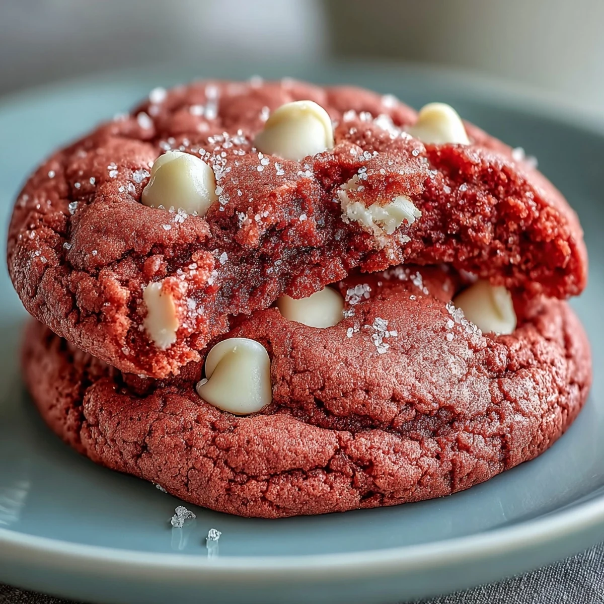 Freshly baked Pink Velvet Cookies with creamy white chocolate chips, slightly cracked and chewy on a wooden board.