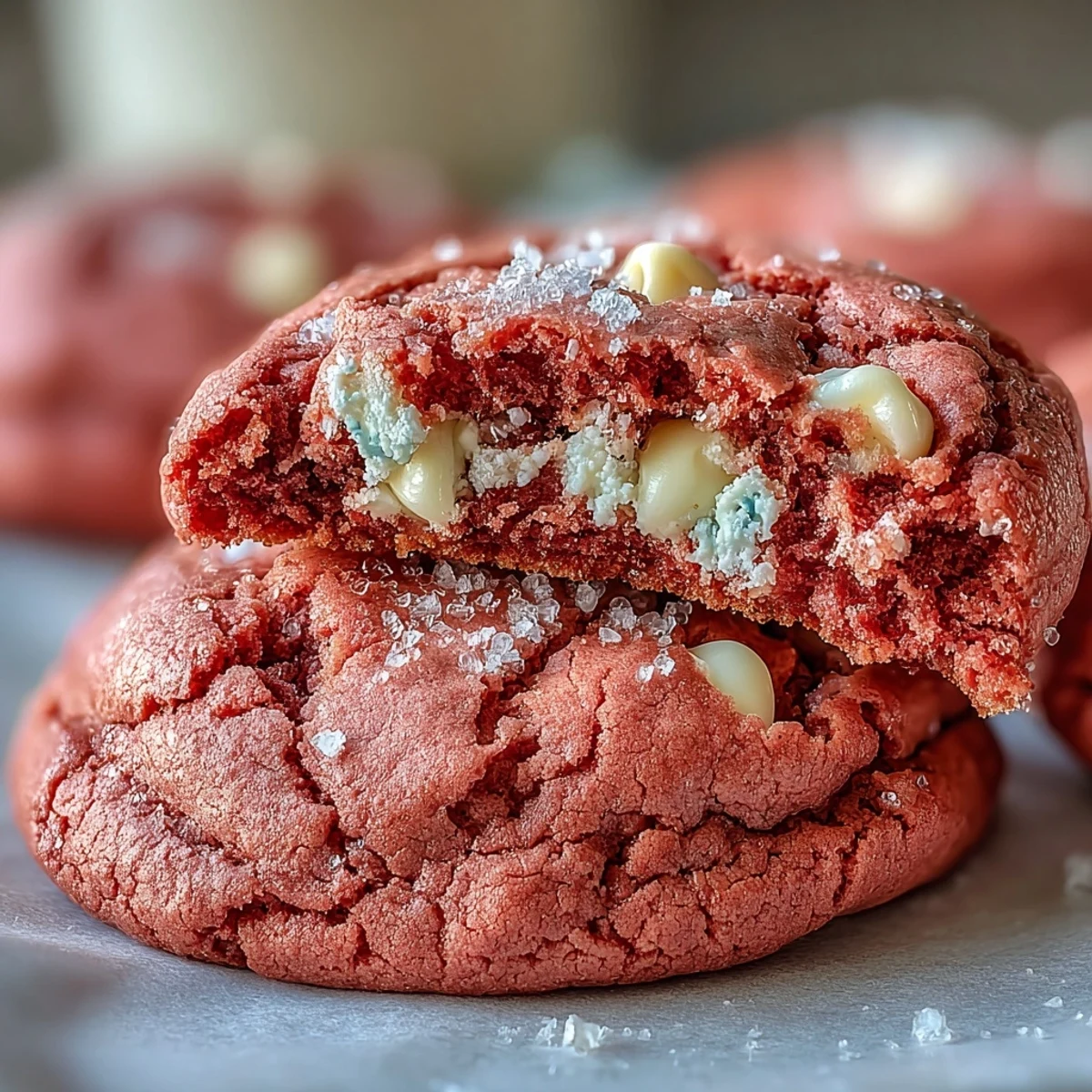 Close-up of Pink Velvet Cookies revealing vibrant pink centers and melted white chocolate chips, ideal for a festive cookie platter.