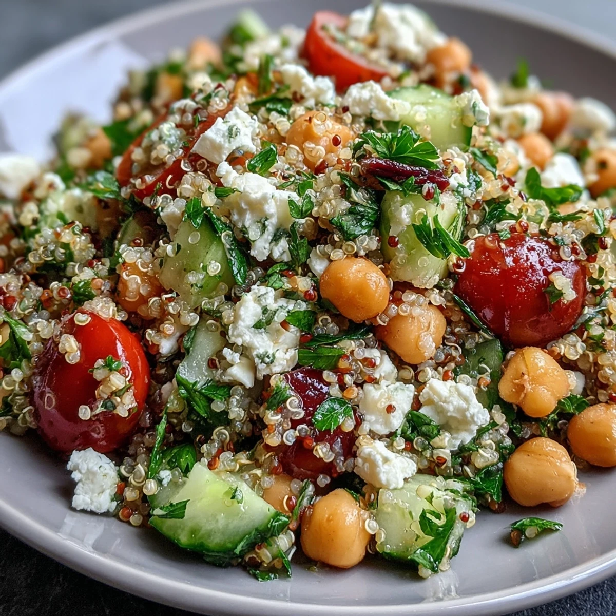 A vibrant bowl of High Protein Quinoa & Chickpea Salad with fresh cherry tomatoes, cucumber, and creamy feta cheese.