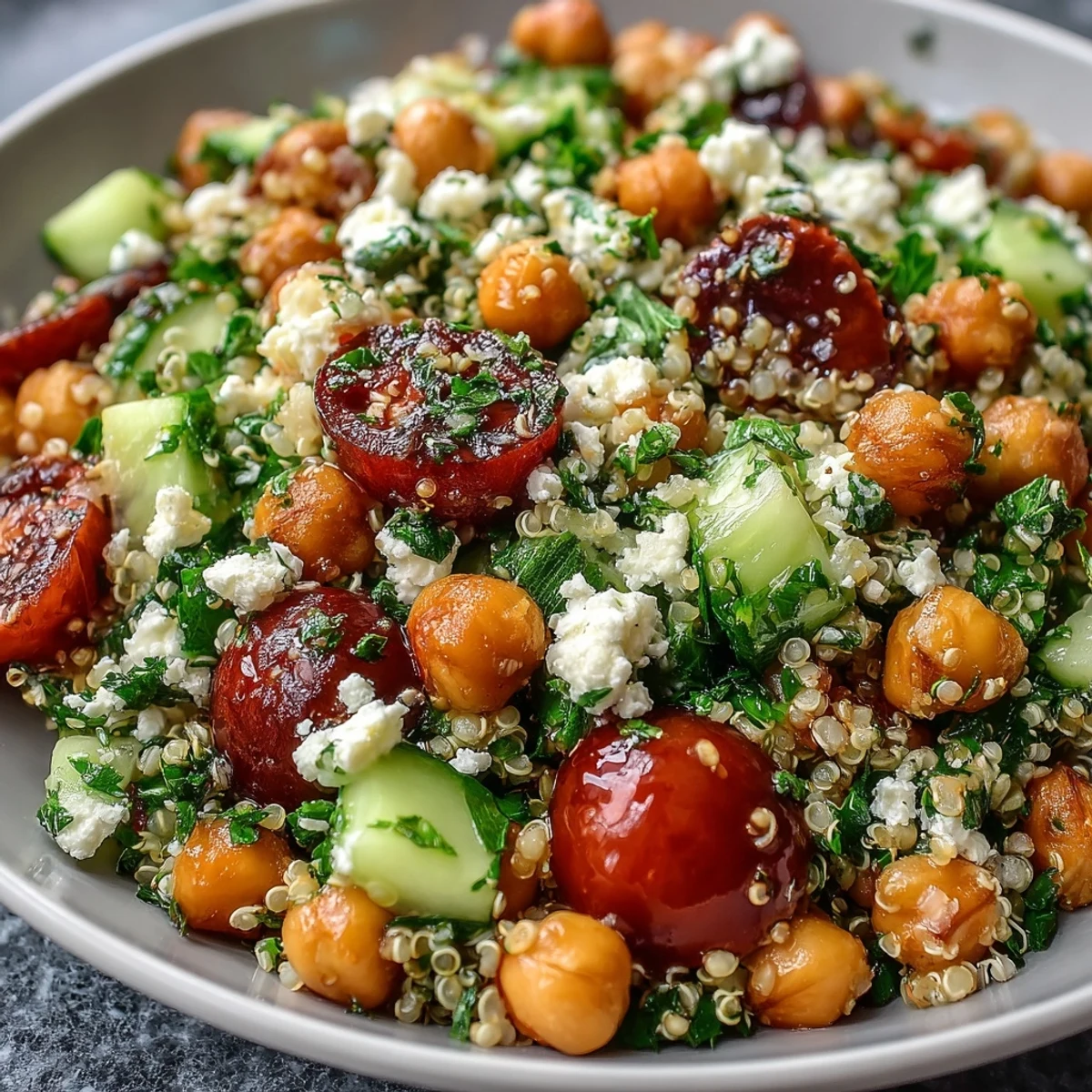 Fluffy quinoa and hearty chickpeas tossed with lemony dressing, parsley, and crumbled feta in this High Protein Quinoa & Chickpea Salad.