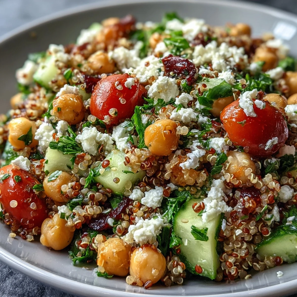 Bright Mediterranean-inspired High Protein Quinoa & Chickpea Salad served chilled, perfect for a nutritious vegetarian lunch or dinner.