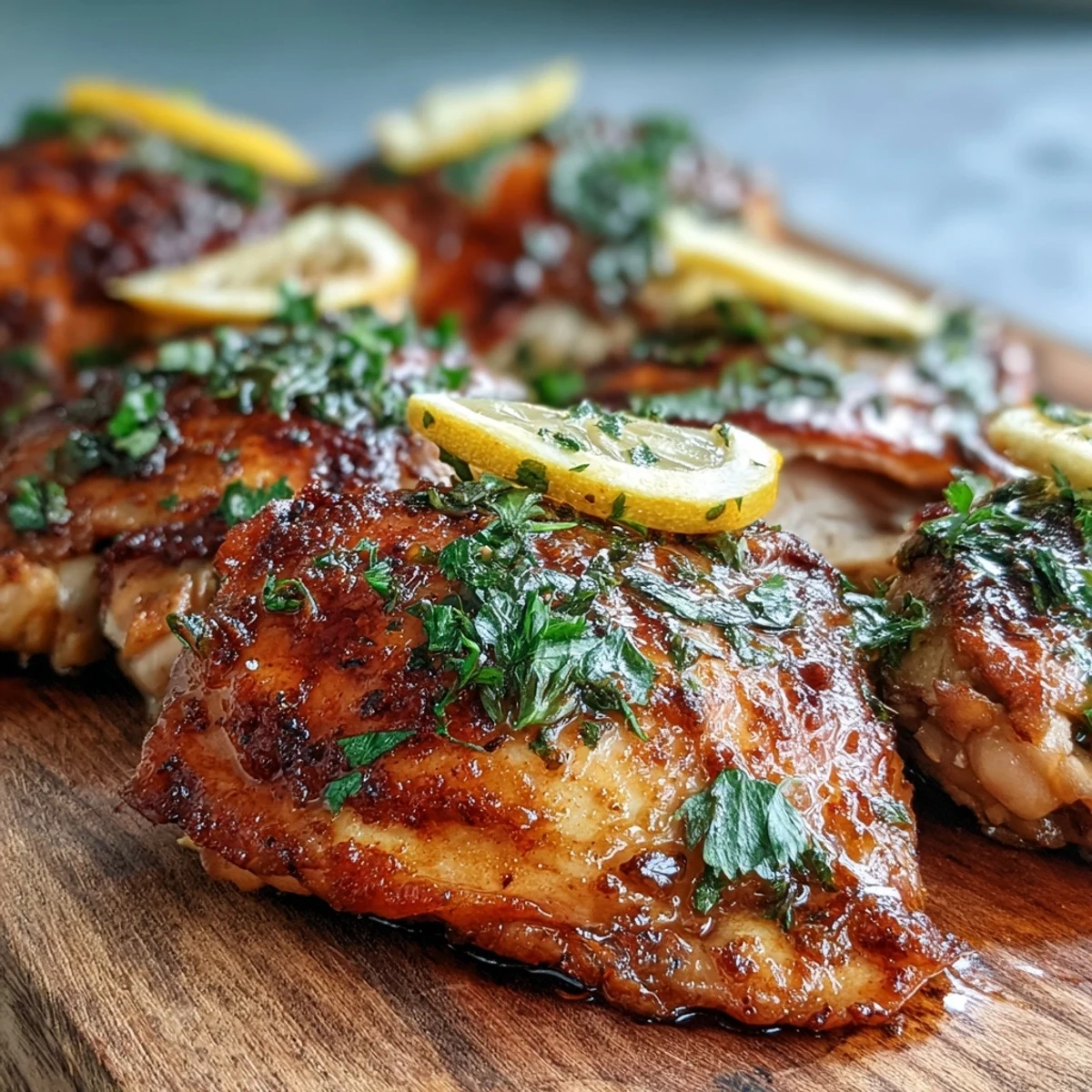 Golden-brown Oven Baked Chicken Breast fresh from the oven, garnished with lemon slices and chopped parsley.