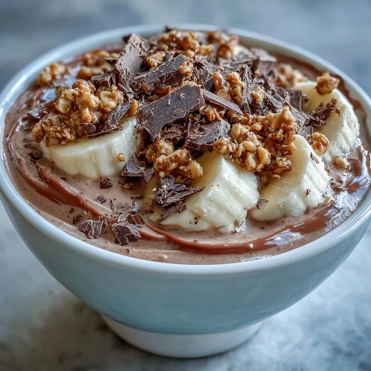 Creamy Chocolate Peanut Butter Smoothie Bowl topped with sliced banana, granola, and a rich peanut butter drizzle.