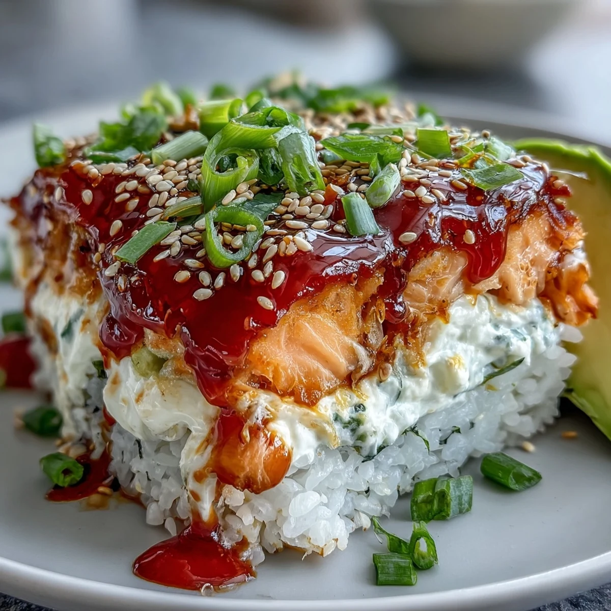 Golden, bubbly Spicy Salmon Sushi Bake served warm in a casserole dish.