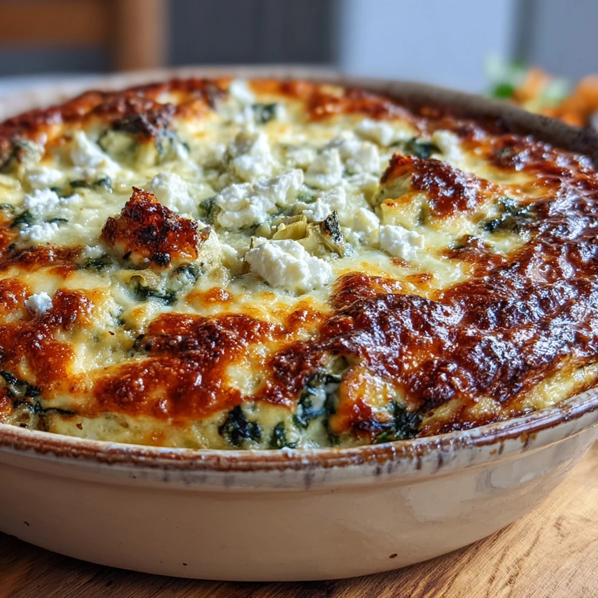 Golden brown High Protein Spinach Artichoke Bake fresh from the oven, served as a warm and cheesy low carb casserole.