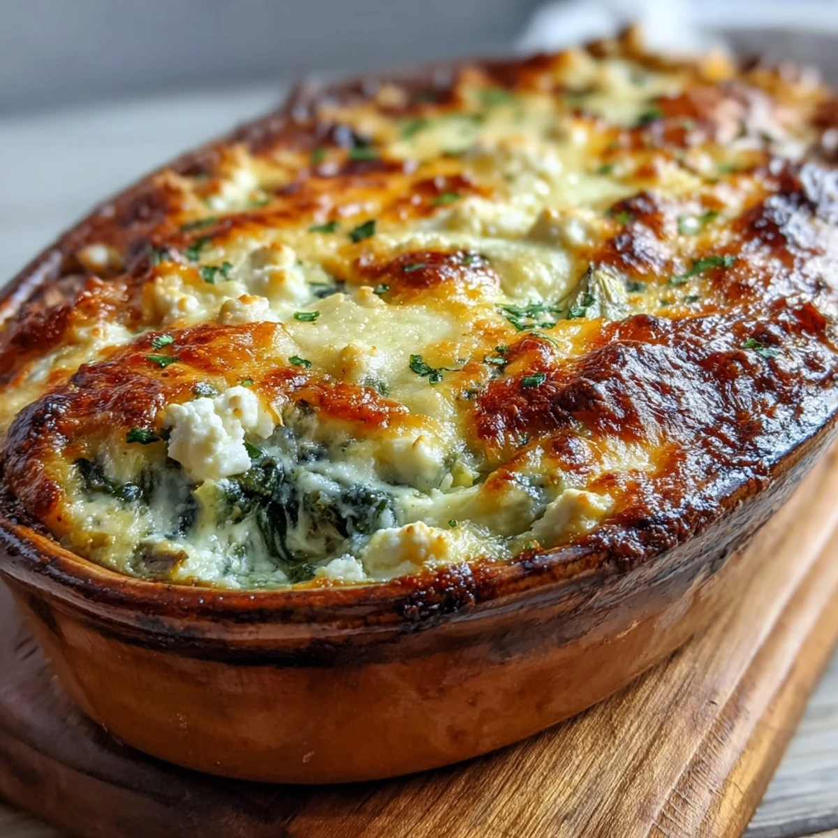 Close up of High Protein Spinach Artichoke Bake with artichoke hearts, perfect for a savory vegetarian meal prep dinner.
