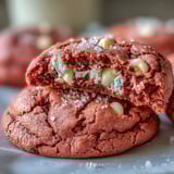 Close-up of Pink Velvet Cookies revealing vibrant pink centers and melted white chocolate chips, ideal for a festive cookie platter.