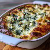A hearty slice of High Protein Spinach Artichoke Bake revealing creamy cottage cheese, feta, and vibrant green spinach.
