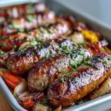 Oven-roasted sausages and peppers, golden and juicy, served with crusty bread for a hearty dinner.  