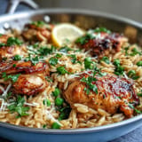 Creamy One-Pot Lemon Orzo with Chicken and Peas, a comforting spring meal with zesty citrus, Parmesan, and fresh herbs.