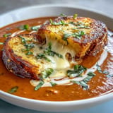 Velvety tomato soup infused with garlic and basil, crowned with golden grilled cheese crouton cubes.  