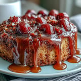 Moist Cherry Almond Upside-Down Cake, featuring warm, sweet cherries and nutty crumb.