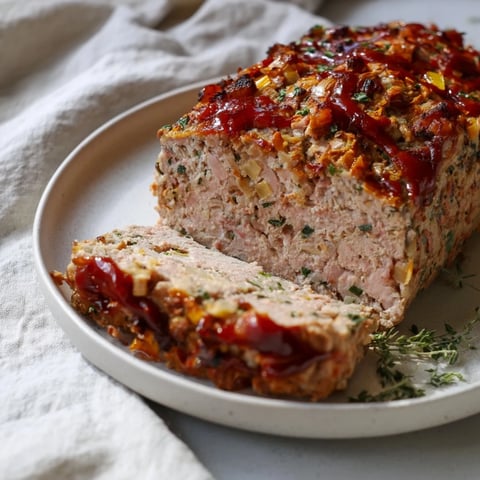 Golden-brown Everyday Herb-Sprigged Turkey Meatloaf, topped with a sweet glaze, looks incredibly delicious.