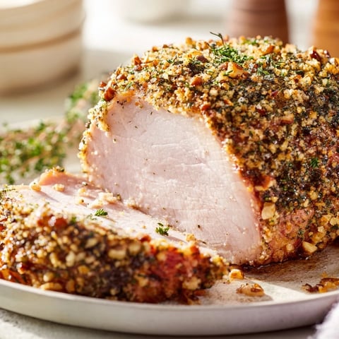 Golden-brown Thyme and Pecan Crusted Pork Tenderloin, ready to slice after a perfect oven roast.