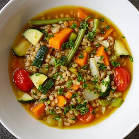 Steaming Simple Homemade Grain and Vegetable Soup, with colorful veggies and herbs ready to eat.