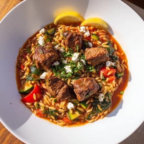 A steaming bowl of Smoky Mediterranean Lamb and Orzo Supper, garnished with fresh parsley and feta.