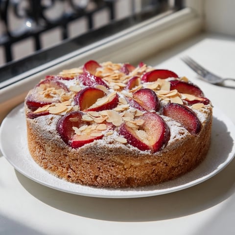 Soft Sweet Plum-Infused Almond Cake, warm from the oven, showcasing juicy plums on a golden cake.