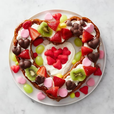 Grinch's Heart Pretzel Board: A colorful, festive snack board brimming with sweet pretzel treats and fresh fruit.