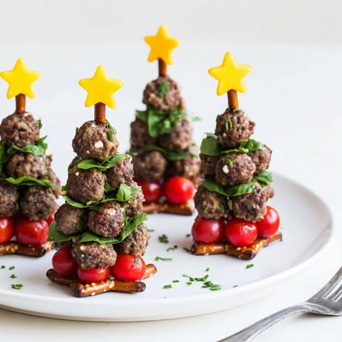 Savory Mini Meatball Christmas Trees, festive and stacked high with cherry tomatoes, basil, and cheese.