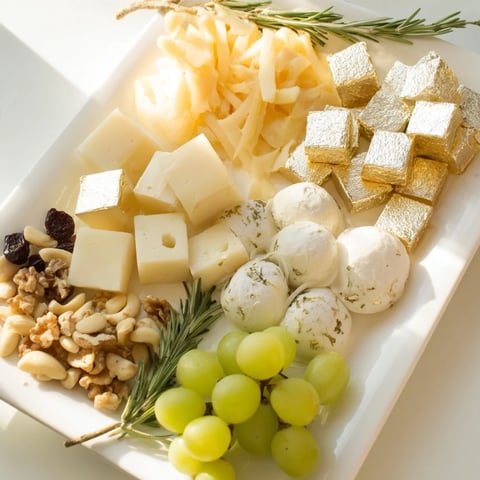 Golden Gouda and silver manchego cheese cubes on a festive board, perfect for New Year's Eve.