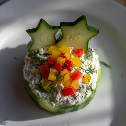 Holiday Star Cucumber Bites: Refreshing appetizer with cream cheese spread, beautiful festive garnishes.