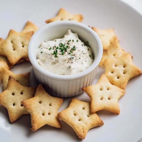 Golden, star-shaped Holiday Crackers arranged around a creamy, herb-flecked dip for holiday snacking.