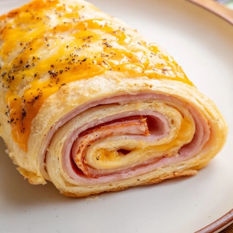 Golden-brown baked savory Ham and Cheese Pinwheel Rolls, perfect bite-sized party appetizers.