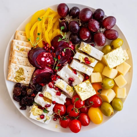 Crimson & Gold Gala appetizer platter featuring vibrant reds and golden roasted peppers looks delicious.