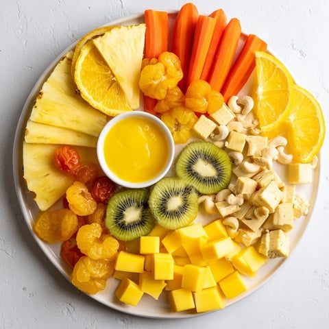 A sunny yellow citrus burst board with glistening fruit and bright cheese cubes.