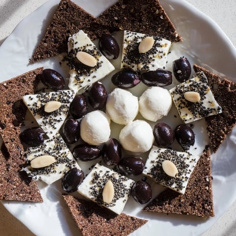 Elegant Black and White Formal Affair appetizer platter features olives, mozzarella, and geometric rye bread.
