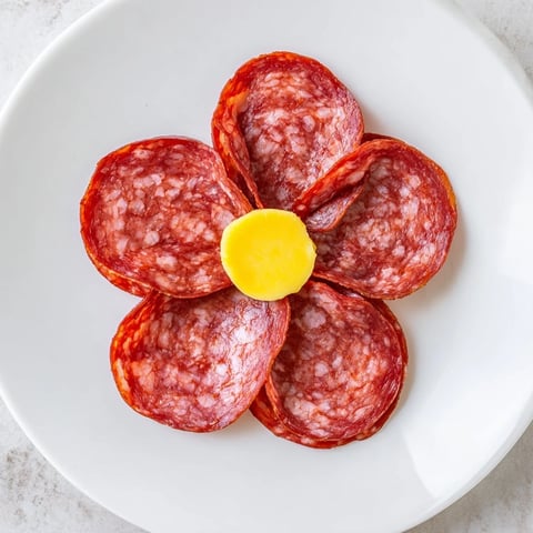 Appetizing Tudor Rose appetizer, featuring salami "petals" and yellow cheese center, is ready to serve.